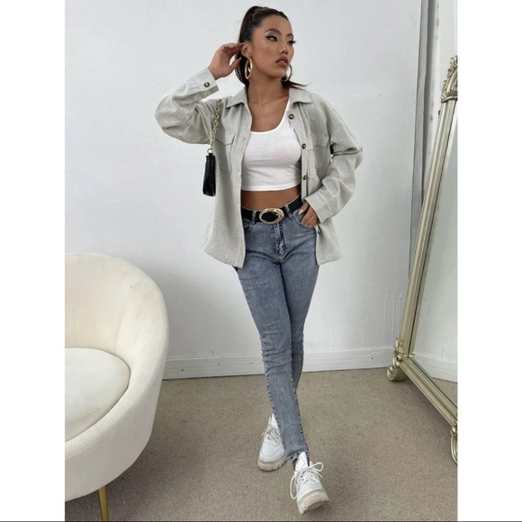 Flap Pocket Drop Shoulder Overcoat Grey Size M - Picture 2 of 6